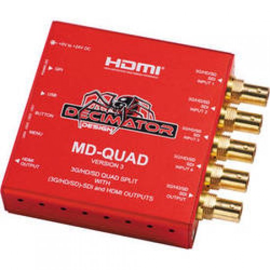Decimator MD-QUAD v3: 3G/HD/SD-SDI Quad Split Multi-Viewer, 3G/HD/SD-SDI + HDMI Outputs + TPG Decimator MD-QUAD v3: 3G/HD/SD-SDI Quad Split Multi-Viewer, 3G/HD/SD-SDI + HDMI Outputs + TPG